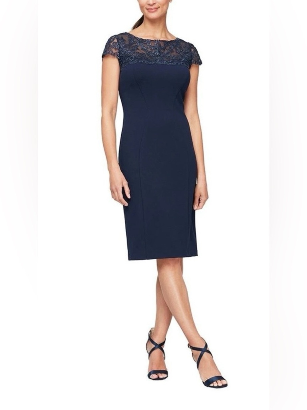 NWT Alex Evenings Navy Blue Crepe Cocktail Dress Embroidered Sequins Size 12